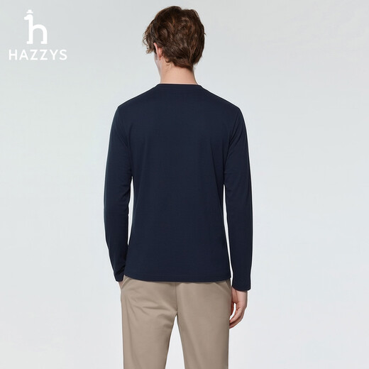 HAZZYS Men's 2026 Spring New Pullover Solid Color Men's Tops Round Neck Long Sleeve T-Shirt Men ABTZE0DAE06 Navy Blue NV M (170/92A 46)