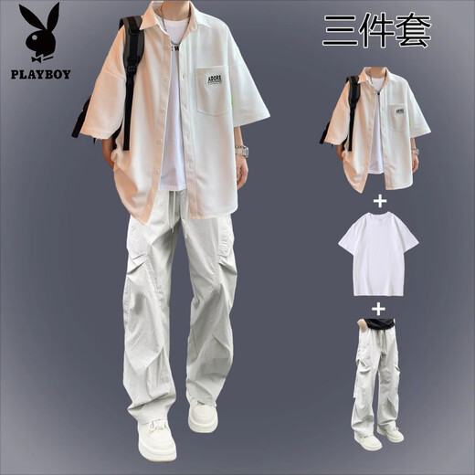 Playboy (PLAYBOY) Japanese waffle short-sleeved shirt casual summer men's set with handsome overalls handsome shirt suit suit label shirt white + short T + overalls gray M recommended 90-110Jin Jin equals 0.5 kg