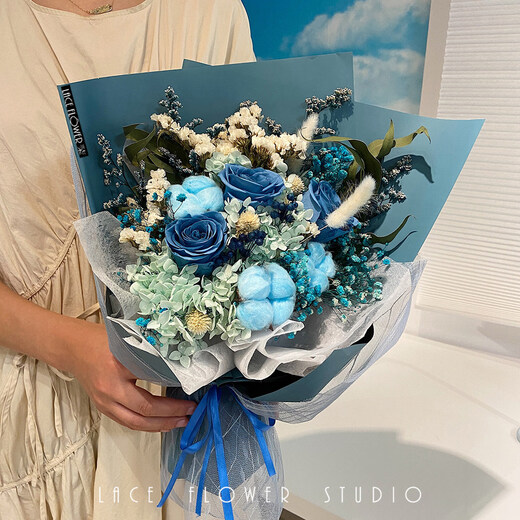 Korean style pink rose everlasting flower dried flower bouquet for bestie’s birthday gift Mother’s Day gift box for girlfriend Shanghai Pink rose elegant blue color matching upgraded version large hand holding nearly 60cm tall