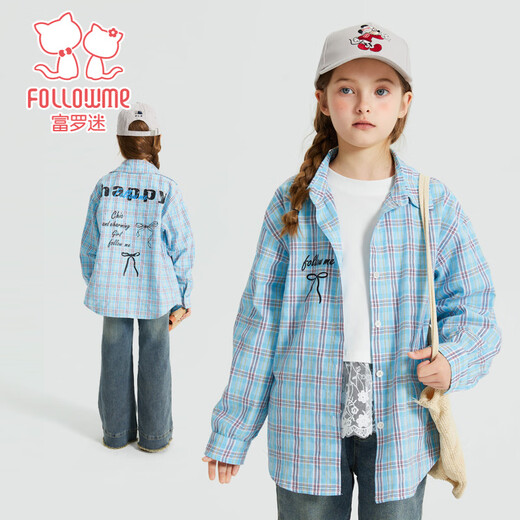 Fuluo Mi Girls' Shirt Spring New Sweet and Western Style Loose Shirt Little Girl's Plaid Long Sleeve Top Blue Plaid 160