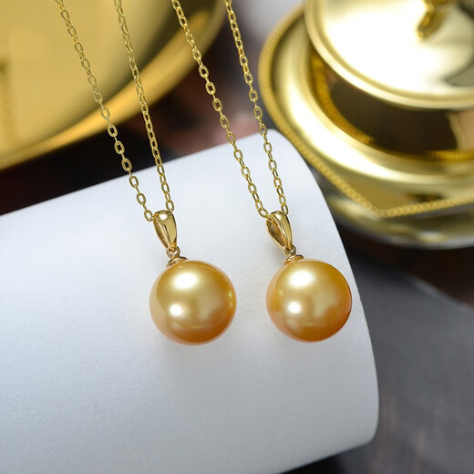 WEIYAN South Sea Gold Pearl Pendant, Round 18K Gold Seawater Pearl Pendant, Single Women's Pearl Necklace, Gift for Wife, Thickened Gold Holder, S925 Silver O-shaped Chain, 14-15mm