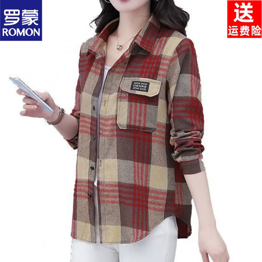 ROMON cotton spring and autumn clothing for middle-aged and elderly mother-in-law tops plaid shirt mother pure cotton shirt women's long sleeve women's loose large size pure cotton purple plaid XL recommended 95-110Jin Jin equals 0.5 kg