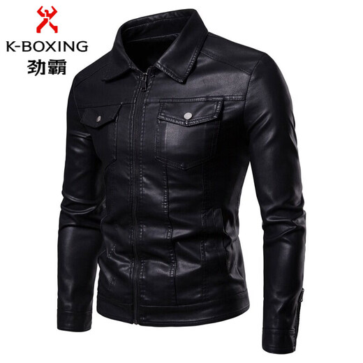 KBXNG Jinba Men's Thin Slim Leather Jacket Men's Lapel Leather Jacket Trendy Casual Black Velvet M Recommended 100-110 Jin Jin equals 0.5 kg