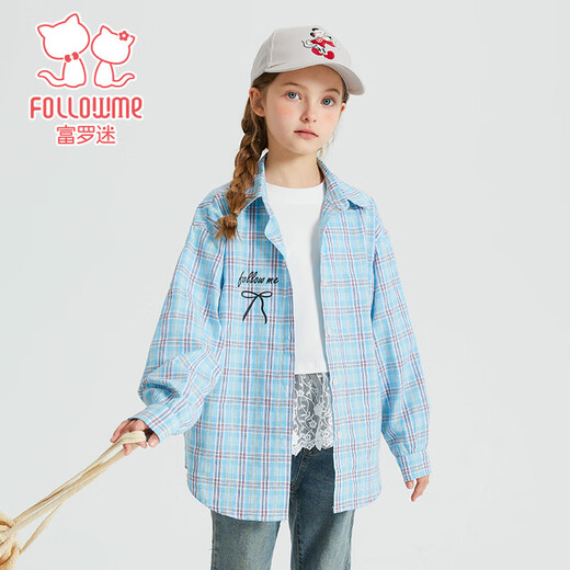 Fuluo Mi Girls' Shirt Spring New Sweet and Western Style Loose Shirt Little Girl's Plaid Long Sleeve Top Blue Plaid 160