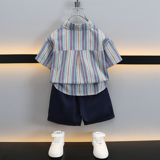 Ultraman boys summer short-sleeved suit 2025 new children's Korean style summer style striped shirt casual two-piece set trendy picture color 90 cm