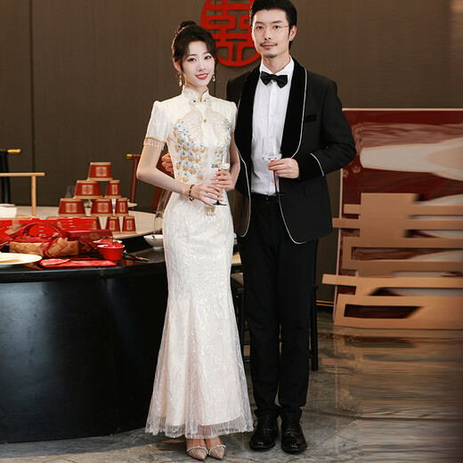 Mofu Fishtail Toast Wear 2026 Spring and Autumn Bridal Champagne Color Engagement Certificate Dress Light Luxurious Outing Banquet Cheongsam Champagne XS