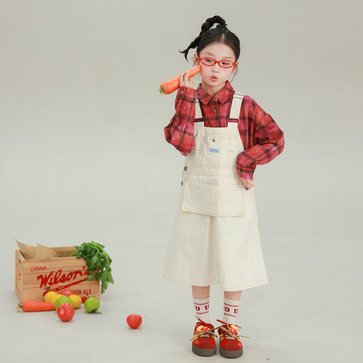 UTOUTO Big Ear Elephant Girls Solid Color Pocket Suspender Skirt 2026 Spring New Baoer Pure Cotton Casual Trendy Dress Washed White Ready Stock 130