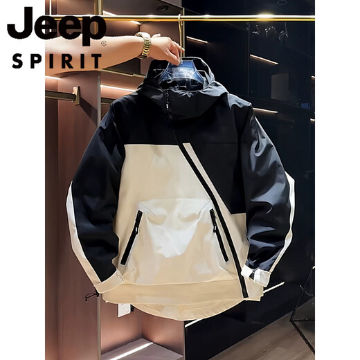 JEEP SPIRIT Spring and Autumn New Large Pocket Diagonal Zipper Work Jacket Men's Trendy Fashion Casual Hooded Jacket Windproof Jacket Black and White M