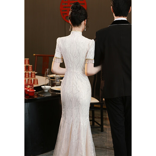 Mofu Fishtail Toast Wear 2026 Spring and Autumn Bridal Champagne Color Engagement Certificate Dress Light Luxurious Outing Banquet Cheongsam Champagne XS