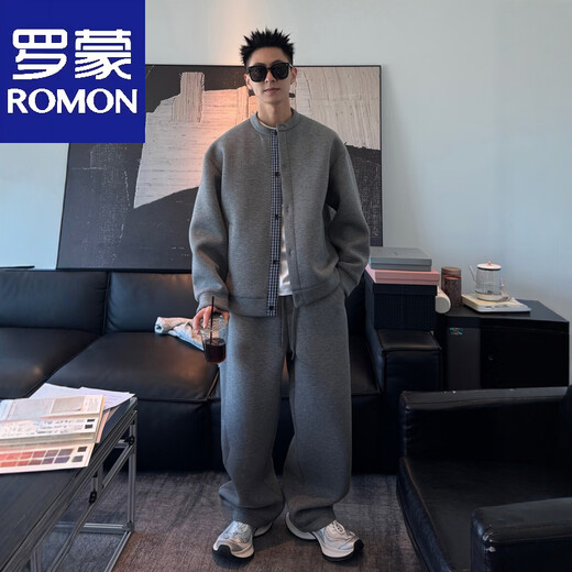 ROMON's new autumn style fake two-piece lazy style sports suit, simple, casual, versatile and trendy couple's two-piece set, gray (suit) M