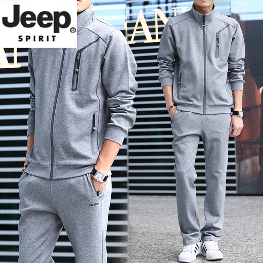 JEEP SPIRIT men's spring, autumn and winter handsome sweatshirt casual suit young and middle-aged dad cotton trendy sportswear three-piece set medium gray jacket + pants M