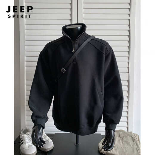 JEEP SPIRIT Sudadera casual americana con media cremallera y cuello alto para hombre, primavera, silueta holgada y pesada, abrigo deportivo juvenil, base gris claro M