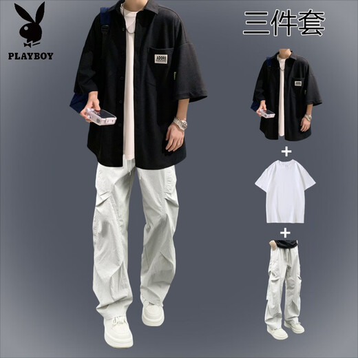 Playboy (PLAYBOY) Japanese waffle short-sleeved shirt casual summer men's set with handsome overalls handsome shirt suit suit label shirt white + short T + overalls gray M recommended 90-110Jin Jin equals 0.5 kg