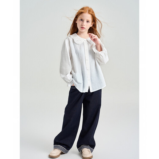 Montagut Girls 2026 Spring and Autumn Long Sleeve Shirt Doll Collar Front Pleated Design Top Middle and Large Children Soft Cotton Clothes