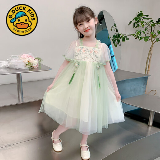 G.duck Girls Dress Summer 2025 New National Style Girls Thin Mesh New Chinese Style Embroidered Hanfu Princess Skirt Green 110 cm
