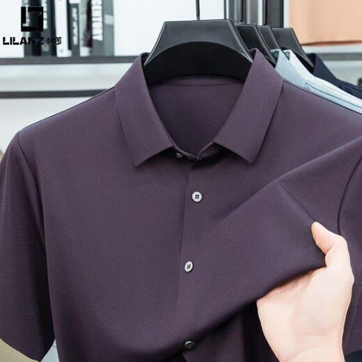LILANZ summer business casual seamless short-sleeved shirt men's thin breathable ice silk shirt trendy men's loose top white gray M 105