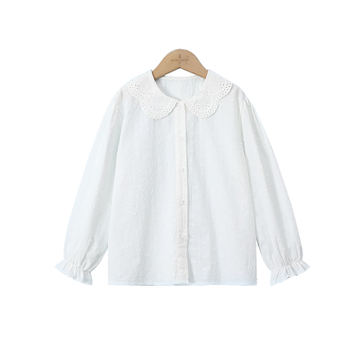 Montagut Girls 2026 Spring and Autumn Long Sleeve Shirt Doll Collar Front Pleated Design Top Middle and Large Children Soft Cotton Clothes