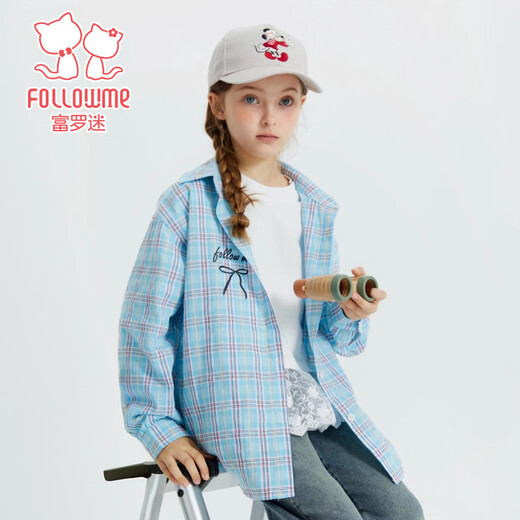 Fuluo Mi Girls' Shirt Spring New Sweet and Western Style Loose Shirt Little Girl's Plaid Long Sleeve Top Blue Plaid 160