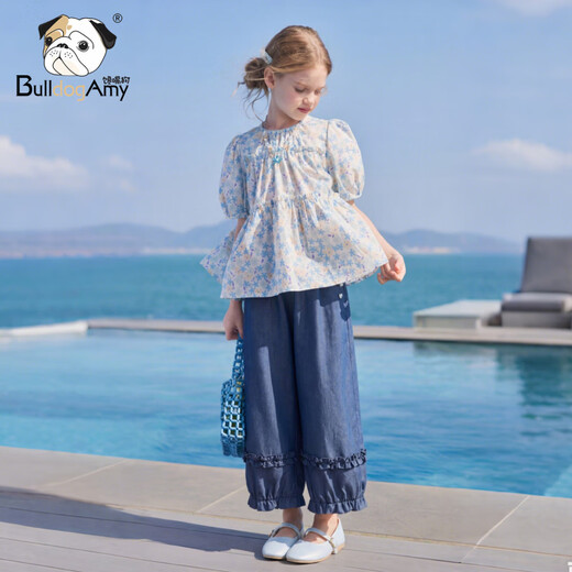 CHANZUIGOU children's clothing girls pastoral floral doll shirt 2026 summer new style pure cotton vitality sweet shirt blue 120 cm