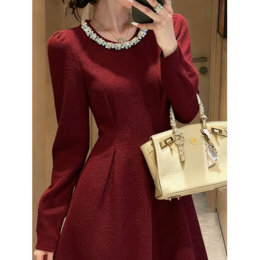 Xiaohongshu gold-embellished diamond red engagement dress for women, autumn and winter long-sleeved petite banquet toast, burgundy M
