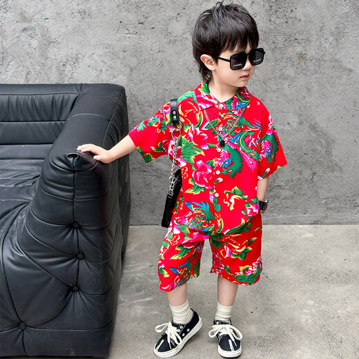 Ultraman boys summer short-sleeved shirt suit 2025 new children's Northeast big flower boy thin clothes baby summer clothes red 90 cm