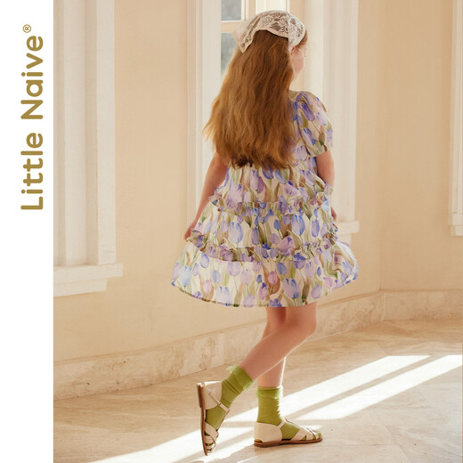Little Naive medium to large children's short-sleeved dress summer multi-color girl's ear-trimmed pure cotton princess dress tulip purple 150