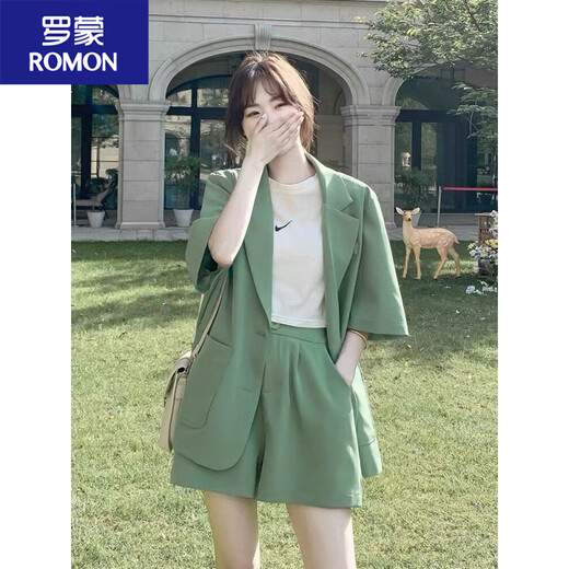ROMON suit shorts suit for women summer new large size fat girl to cover the flesh and look slim Western style casual Internet celebrity two-piece set Green M recommended 80-100Jin Jin is equal to 0.5 kg