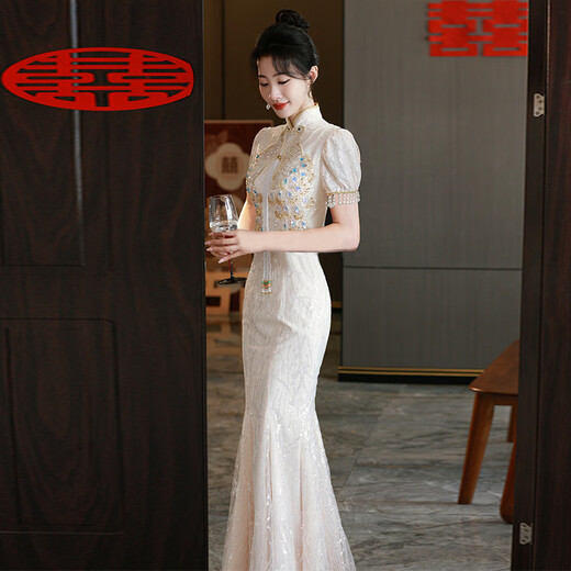 Mofu Fishtail Toast Wear 2026 Spring and Autumn Bridal Champagne Color Engagement Certificate Dress Light Luxurious Outing Banquet Cheongsam Champagne XS