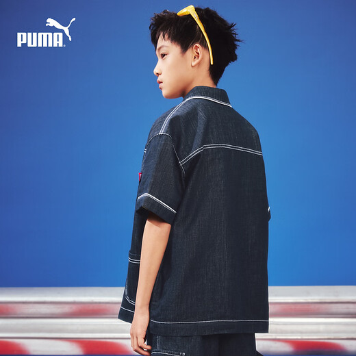 Puma (PUMA) Puma children's clothing 2026 summer new style children's boys short-sleeved shirts denim tops retro trend denim dark blue 88301 110