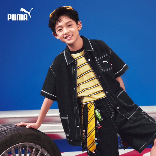 Puma (PUMA) Puma children's clothing 2026 summer new style children's boys short-sleeved shirts denim tops retro trend denim dark blue 88301 110