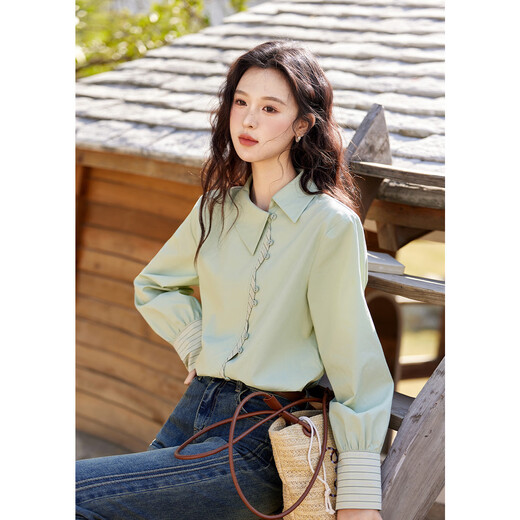 Mystery Show Reassuring Quality Tencel Cotton Striped Splicing Green Shirt 2026 Spring High-Quality Small Shirt for Women