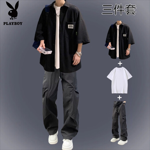 Playboy (PLAYBOY) Japanese waffle short-sleeved shirt casual summer men's set with handsome overalls handsome shirt suit suit label shirt white + short T + overalls gray M recommended 90-110Jin Jin equals 0.5 kg