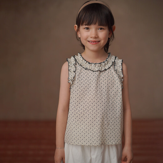 Hacikis children's clothing 2026 summer children's sleeveless tops pastoral floral cotton shirt girls' vest light lace shirt