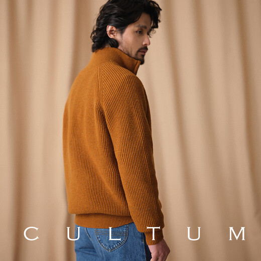 CULTUM winter thickened 100% wool cardigan turtleneck sweater men's top double zipper coat sweater gold beige L