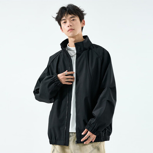 棉致夹克男春秋季休闲百搭美式冲锋衣户外立领外套上衣 黑色 XL