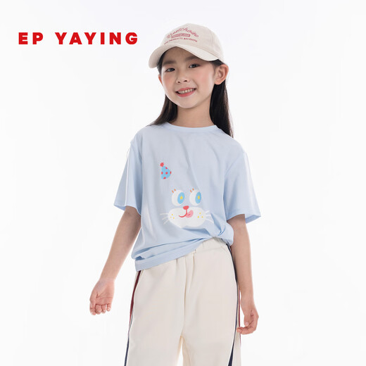 EP YAYING (EP YAYING) Shopping mall same style EP Yaying children's clothing 2026 summer girls new cute and fun expression printed casual T-shirt blue 160