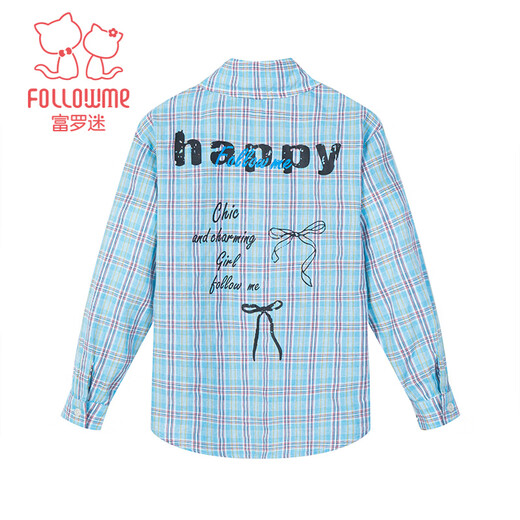 Fuluo Mi Girls' Shirt Spring New Sweet and Western Style Loose Shirt Little Girl's Plaid Long Sleeve Top Blue Plaid 160