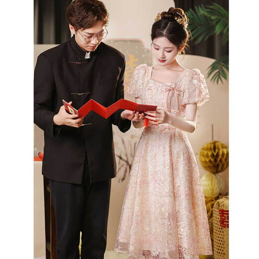 塞德勒新中式敬酒服新娘2024新款订婚礼服裙女夏季平时可穿高端晚礼服 粉色 M（建议96-105斤）