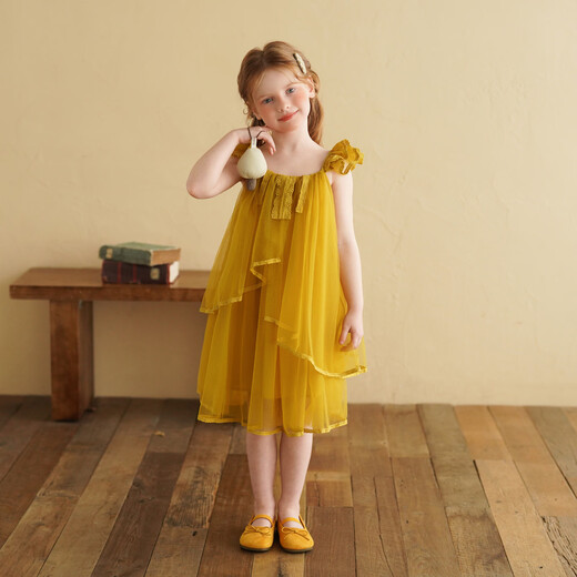 Yantaijia Girls Dress Summer New 2026 Girls Flying Sleeves Mesh Skirt Lace Lace Puffy Princess Skirt Blue 90