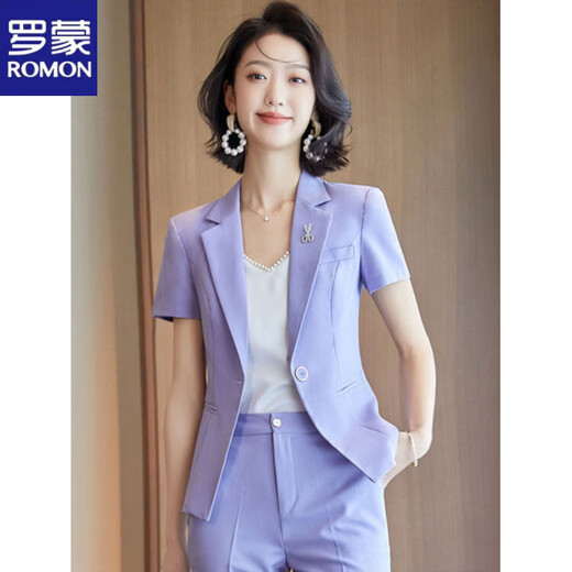 ROMON Фиолетовый костюм женский, лето 2026, с коротким рукавом, новый высококачественный темпераментный маленький профессиональный костюм, куртка, фиолетовый костюм + фиолетовая юбка S