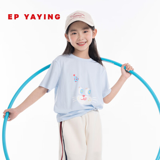 EP YAYING (EP YAYING) Shopping mall same style EP Yaying children's clothing 2026 summer girls new cute and fun expression printed casual T-shirt blue 160