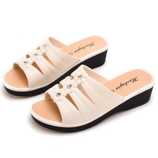 High-heeled women's slippers for summer thick-soled fashion home non-slip mom shoes soft-soled social wedge sandals white 40
