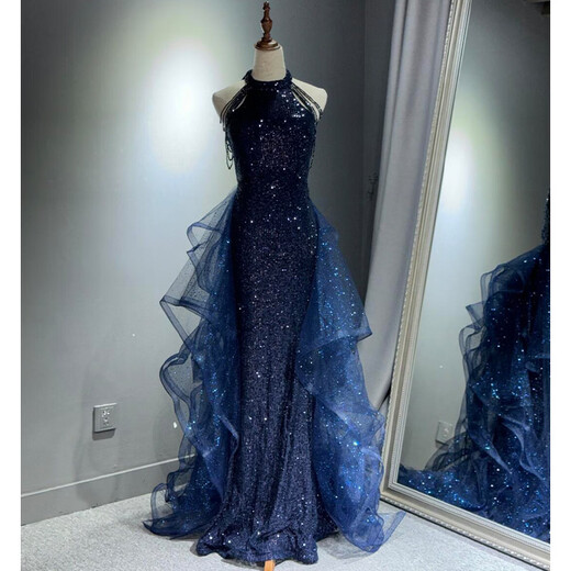 Mofu Blue Evening Dress 2026 Light Luxurious Sequin Tassel Piano Performance Dress Violin Art Exam Host Dress Blue Dress XS