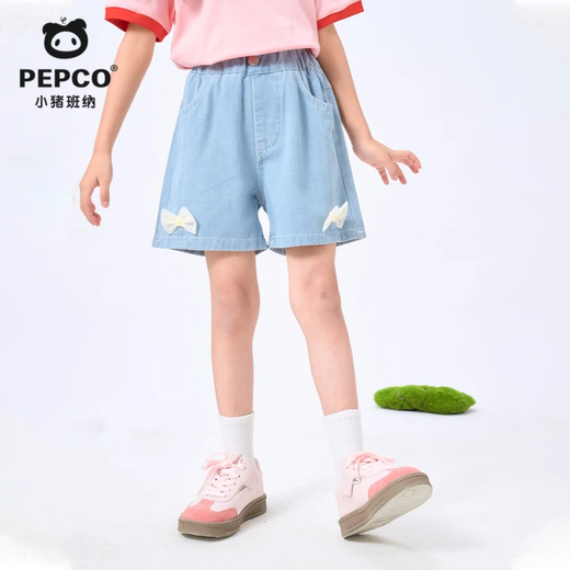 Piggy Banner (PEPCO) girls skirt 2026 new summer children's pleated skirt girls casual versatile denim bow shorts children's clothing cute style denim bow shorts light blue 110 recommended weight 30-37Jin Jin equals 0.5 kg