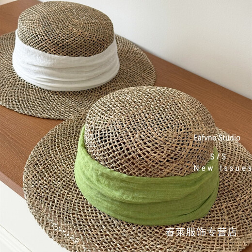 TWJU Yunnan holiday style salt grass seaside holiday woven straw hat women's flat top hat seaside holiday sun protection sunshade too white