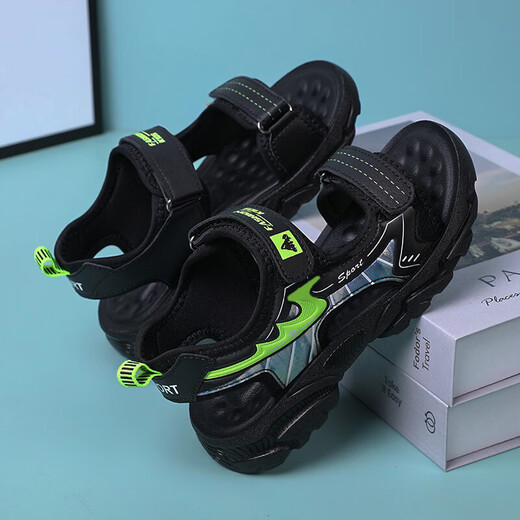 Boys' Shoes Sandals Summer New 2026 Children's Sandals Soft Sole Beach Shoes Boys Summer Massage Anti-Slip Sole Black Green Soft Sole Open Toe Sandals 40 Inner Length 25.0 cm