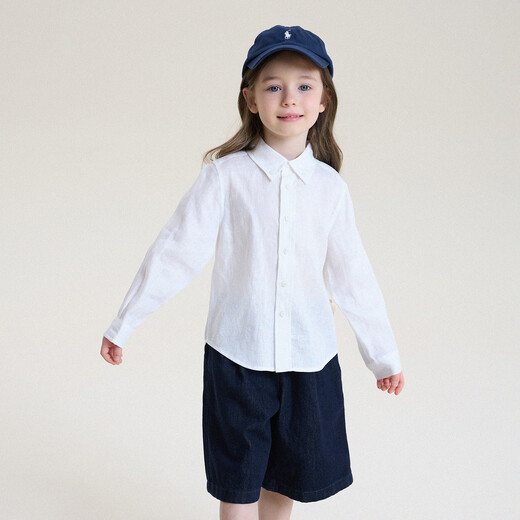 Yoona's mom girls 2026 pure linen lapel temperament parent-child shirt children's simple shirt new style top trendy white ready stock 90