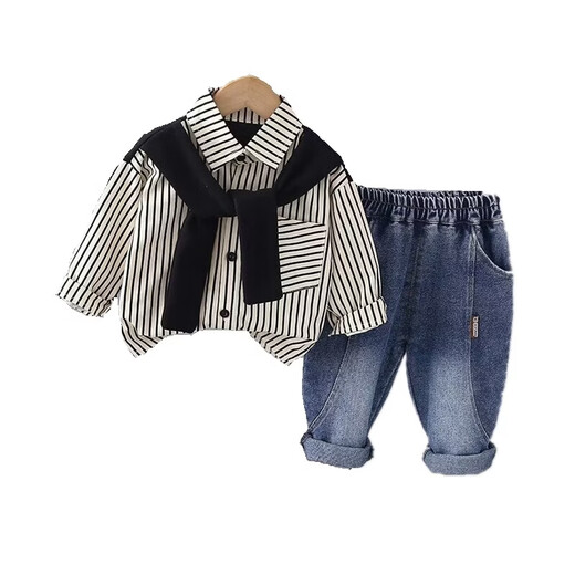 G.duck little yellow duck boys spring suit 2026 new style baby spring and autumn shirt two-piece children's clothing trendy HB scarf striped shirt 2-piece set brown 90 cm recommended height around 82