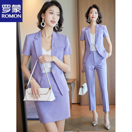 ROMON Фиолетовый костюм женский, лето 2026, с коротким рукавом, новый высококачественный темпераментный маленький профессиональный костюм, куртка, фиолетовый костюм + фиолетовая юбка S
