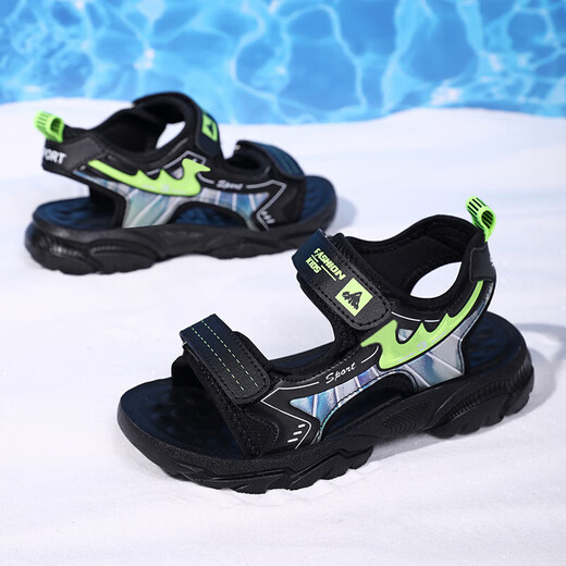 Boys' Shoes Sandals Summer New 2026 Children's Sandals Soft Sole Beach Shoes Boys Summer Massage Anti-Slip Sole Black Green Soft Sole Open Toe Sandals 40 Inner Length 25.0 cm